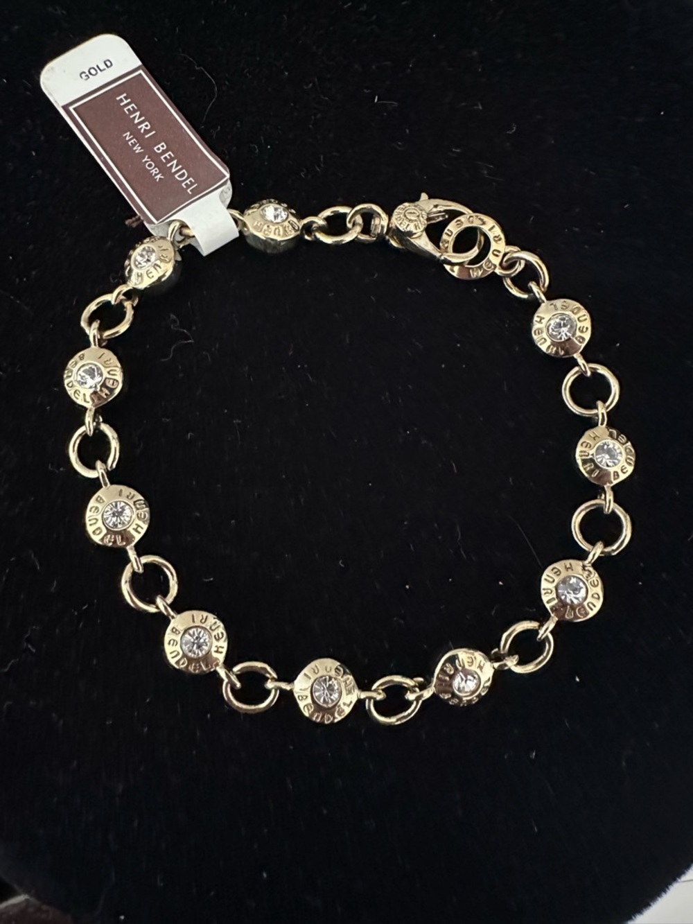 Henri Bendel Rivet Station Signed Gold and Crystal Bracelet NWT